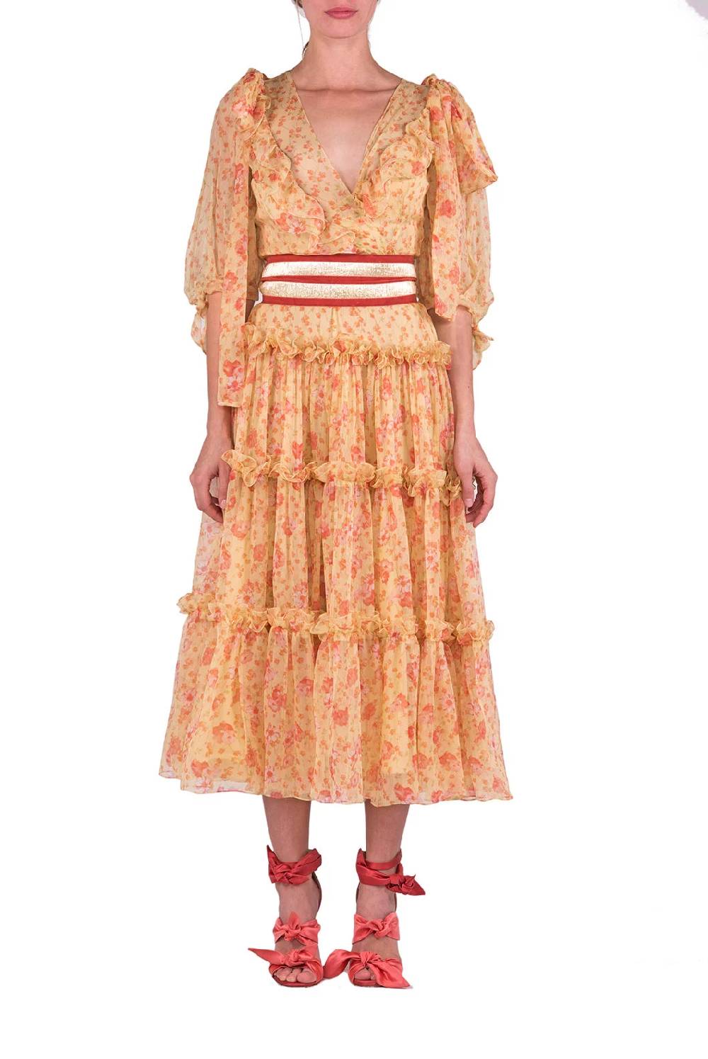 Luisa Beccaria Abito longuette in chiffon floreale con balze Enormi risparmi
