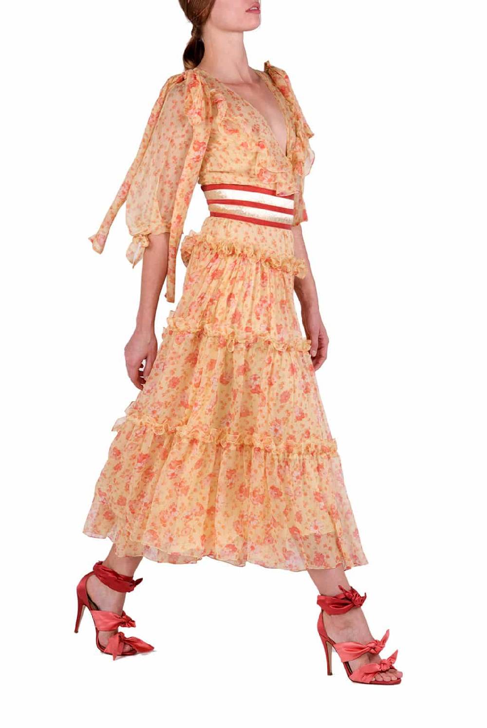 Luisa Beccaria Abito longuette in chiffon floreale con balze Enormi risparmi