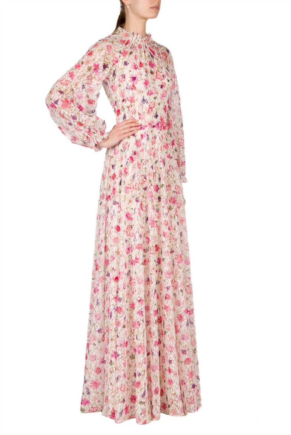 Luisa Beccaria Maxi abito in pizzo con collo a lupetto stampato floreale Offerta settimanale