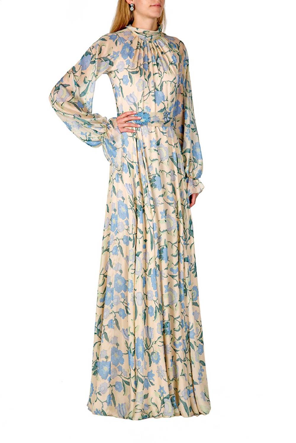 Luisa Beccaria Maxi abito in chiffon di seta con fiori di campo Fino al 60% di sconto