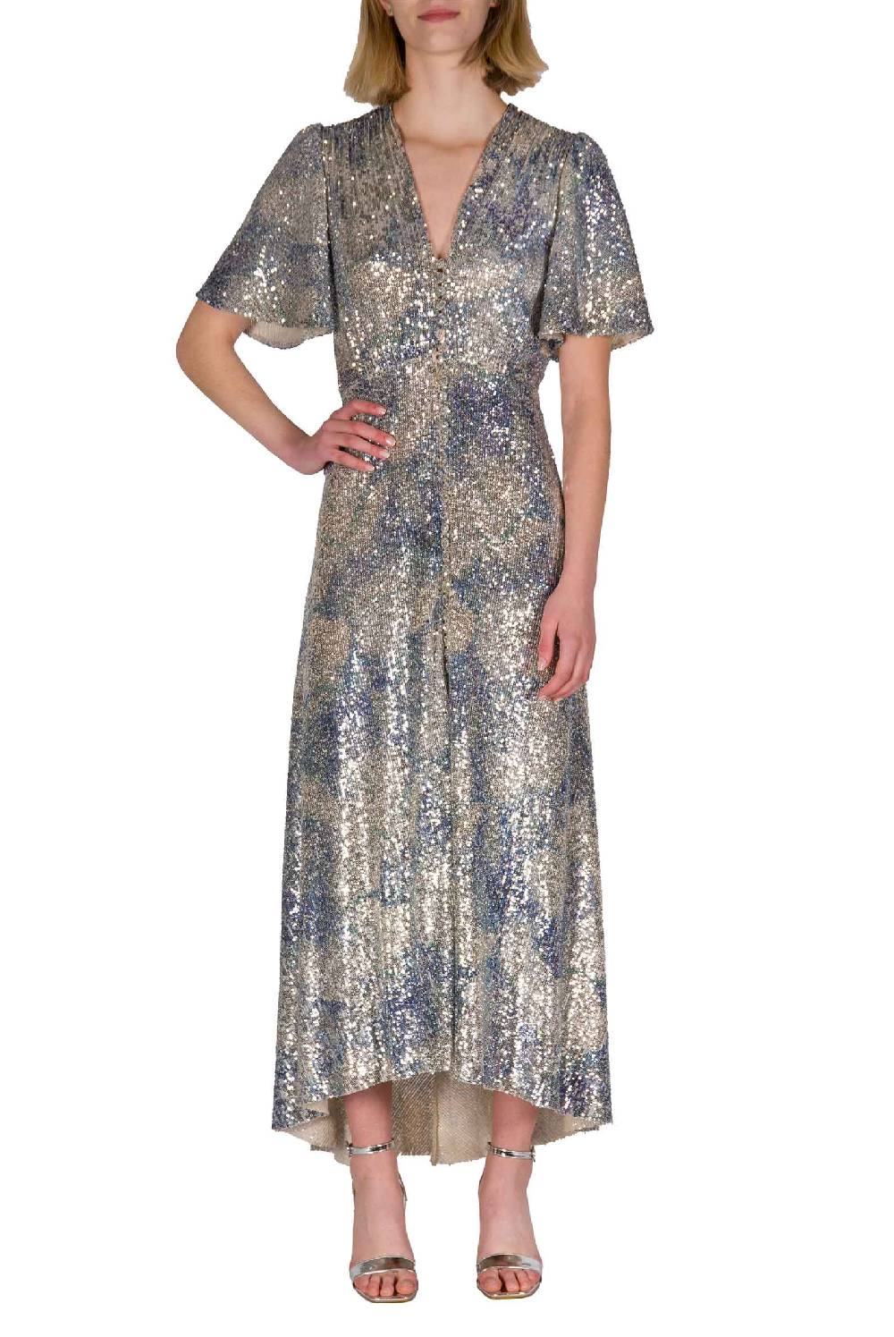 Luisa Beccaria Abito bottoncino con paillettes marmorizzate In vendita