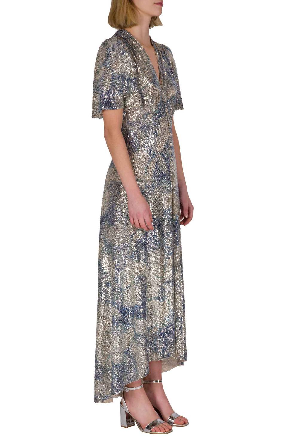 Luisa Beccaria Abito bottoncino con paillettes marmorizzate In vendita