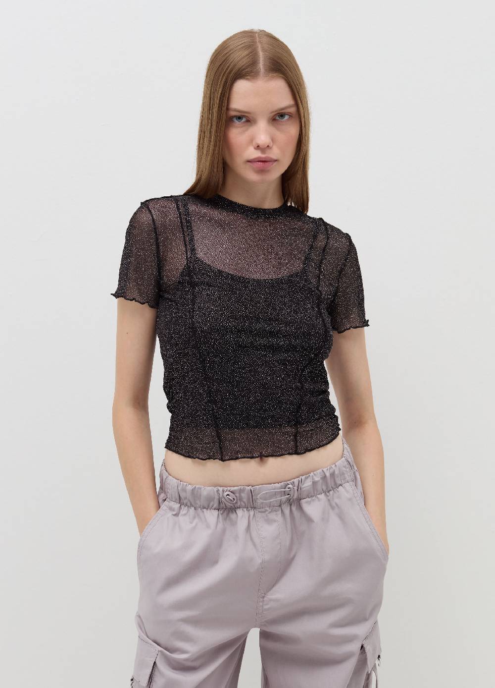 B. ANGEL T-shirt crop in mesh con profili ondulati Vendite Flash