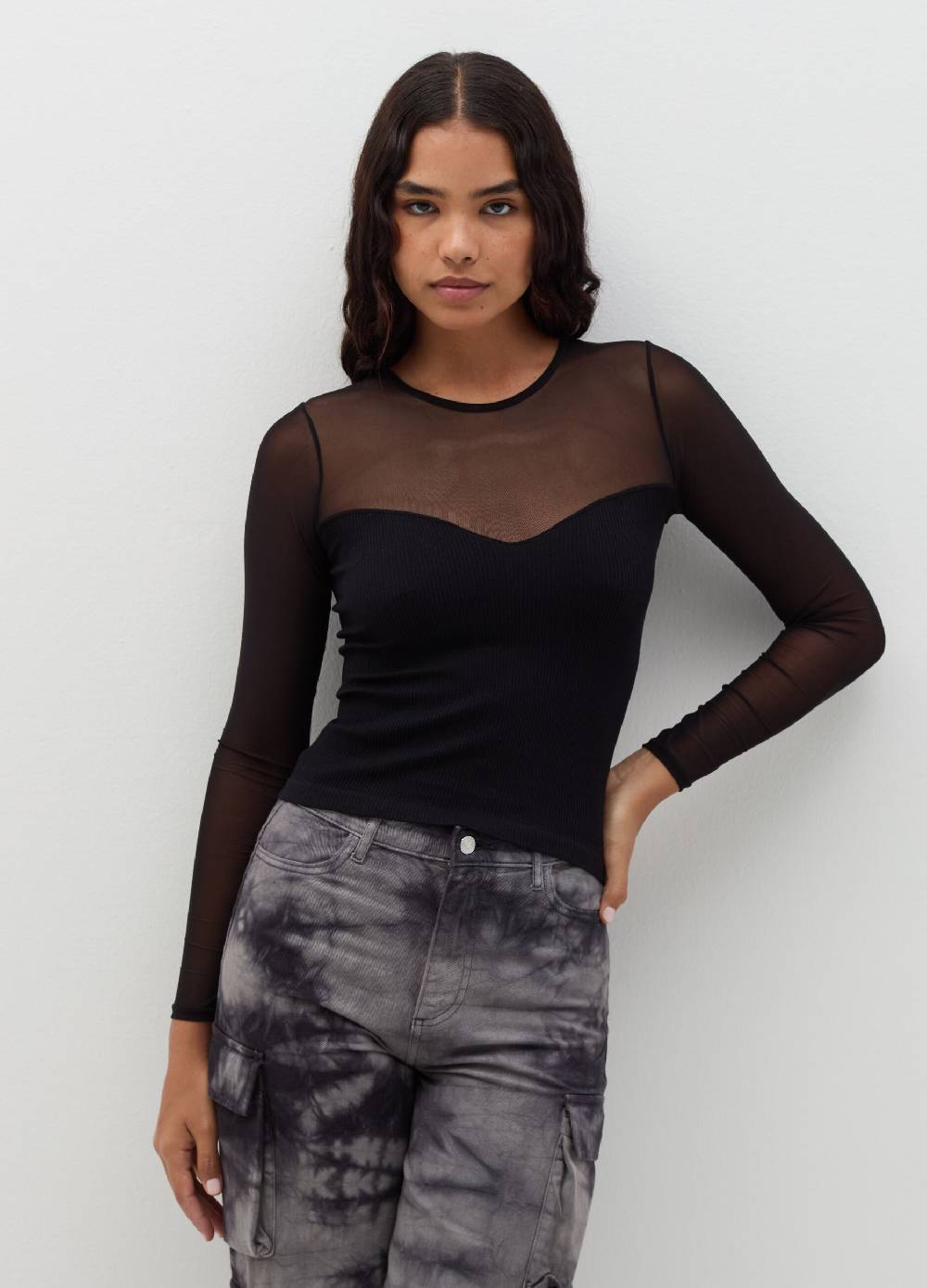 B. ANGEL T-shirt crop in mesh a maniche lunghe Outlet