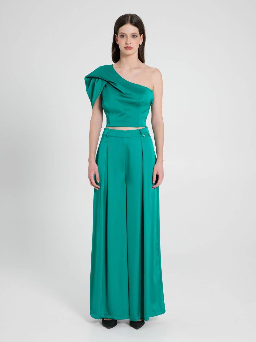 Rinascimento Pantaloni Palazzo in Satin Verde Giada Spedizione Gratuita