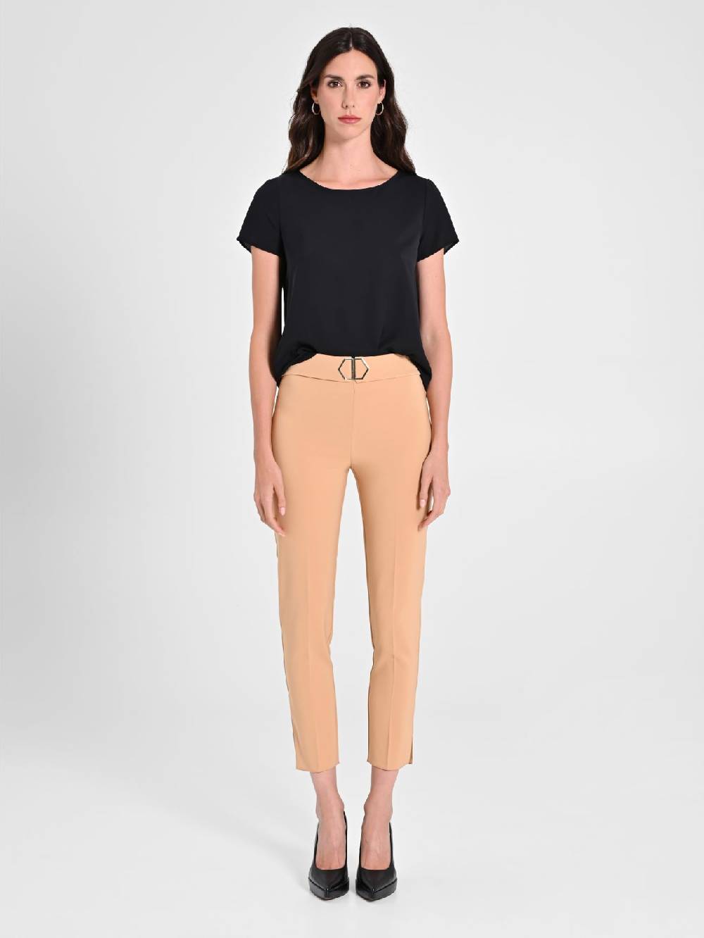 Rinascimento Pantaloni Cammello Fibbia Geometrica Saldi Di Fabbrica