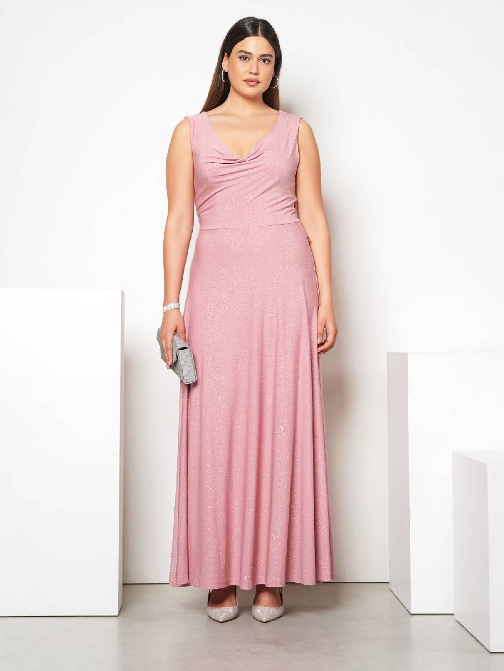 Rinascimento Abito Curvy Lungo Microglitter Rosa Vendita Economica