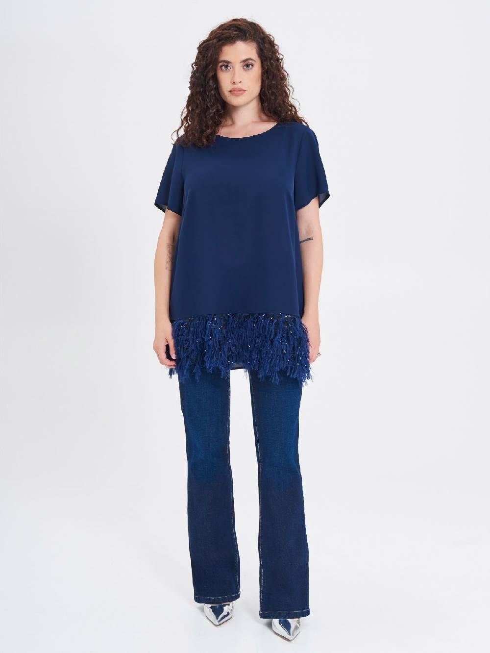 Rinascimento Blusa Curvy con Piume Lurex Novità
