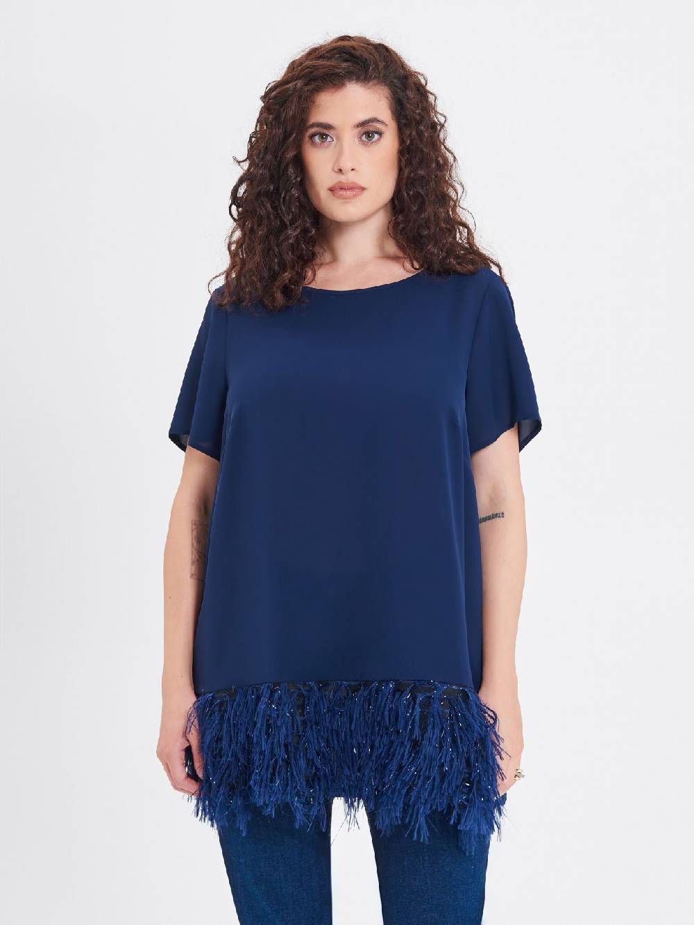Rinascimento Blusa Curvy con Piume Lurex Novità