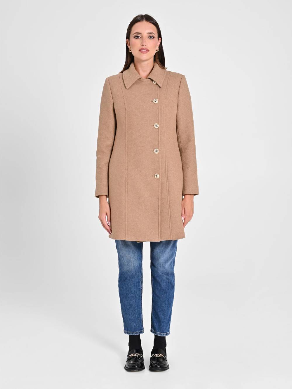 Rinascimento Cappotto Cammello con Bottoni Dorati Italy