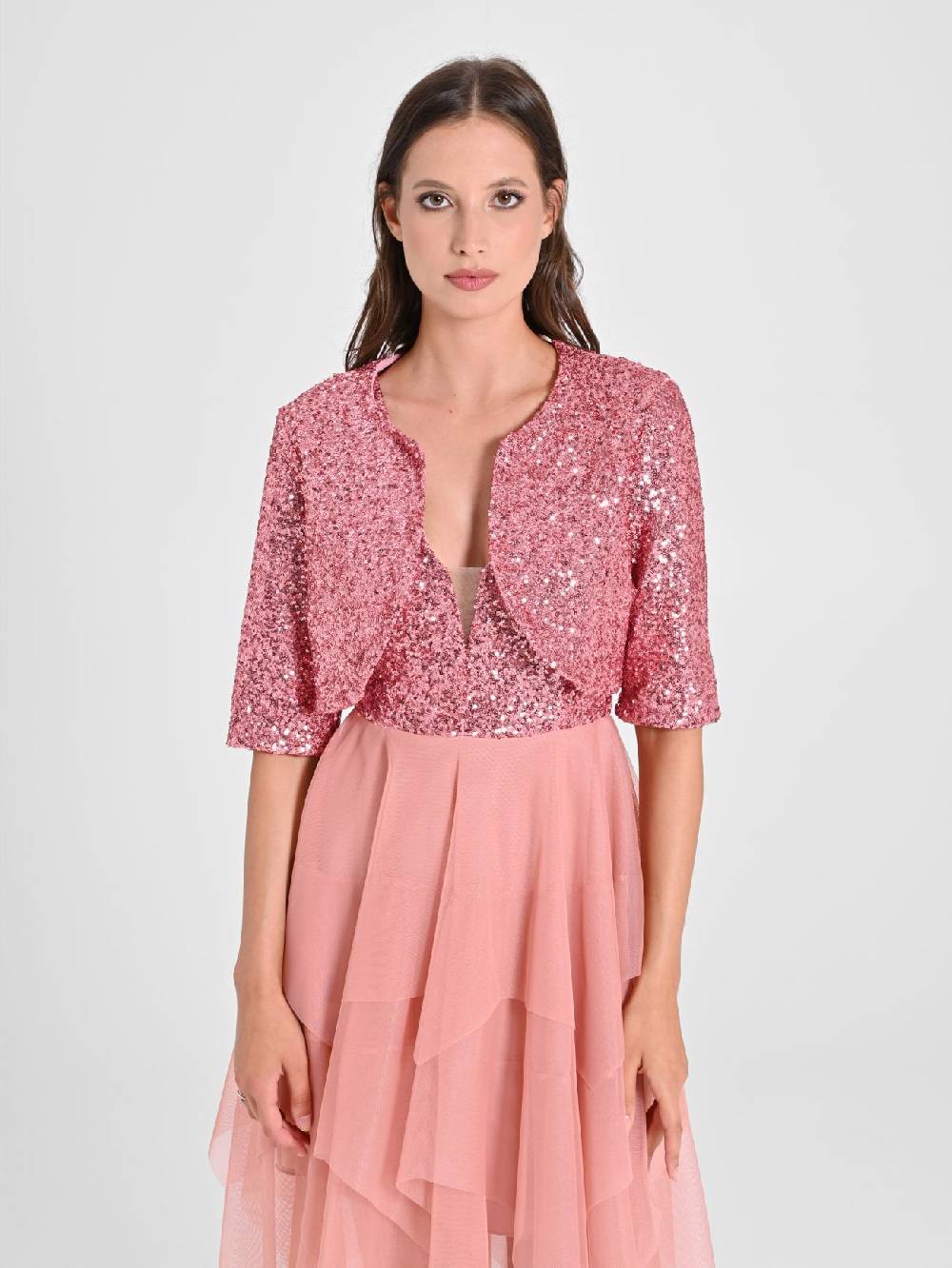 Rinascimento Coprispalle Aperto in Paillettes Rosa Super sconto