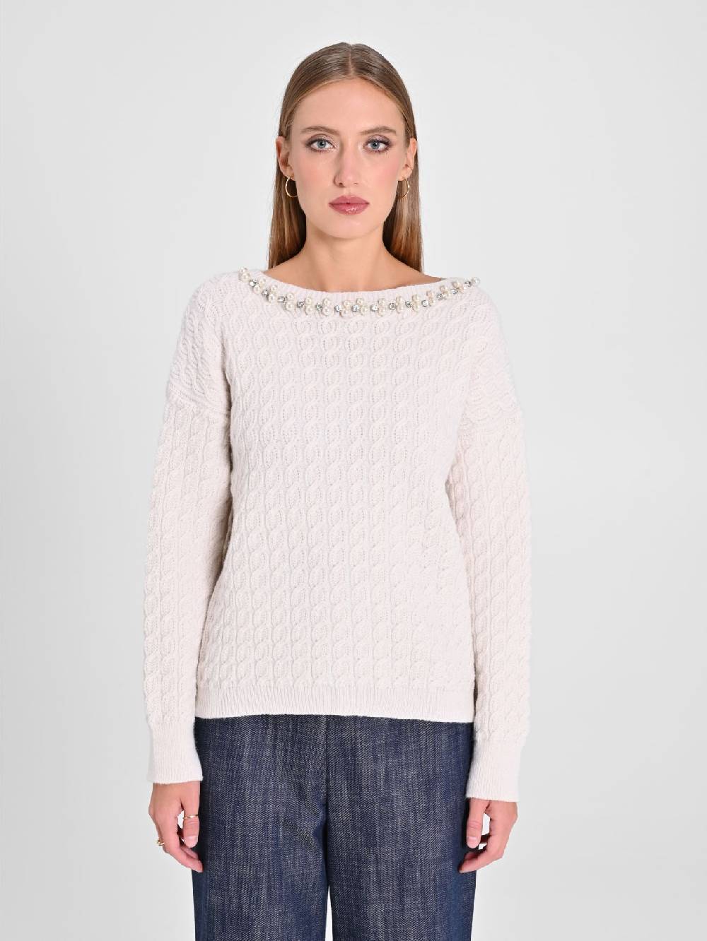 Rinascimento Maglione Bianco scollo Perle Italia