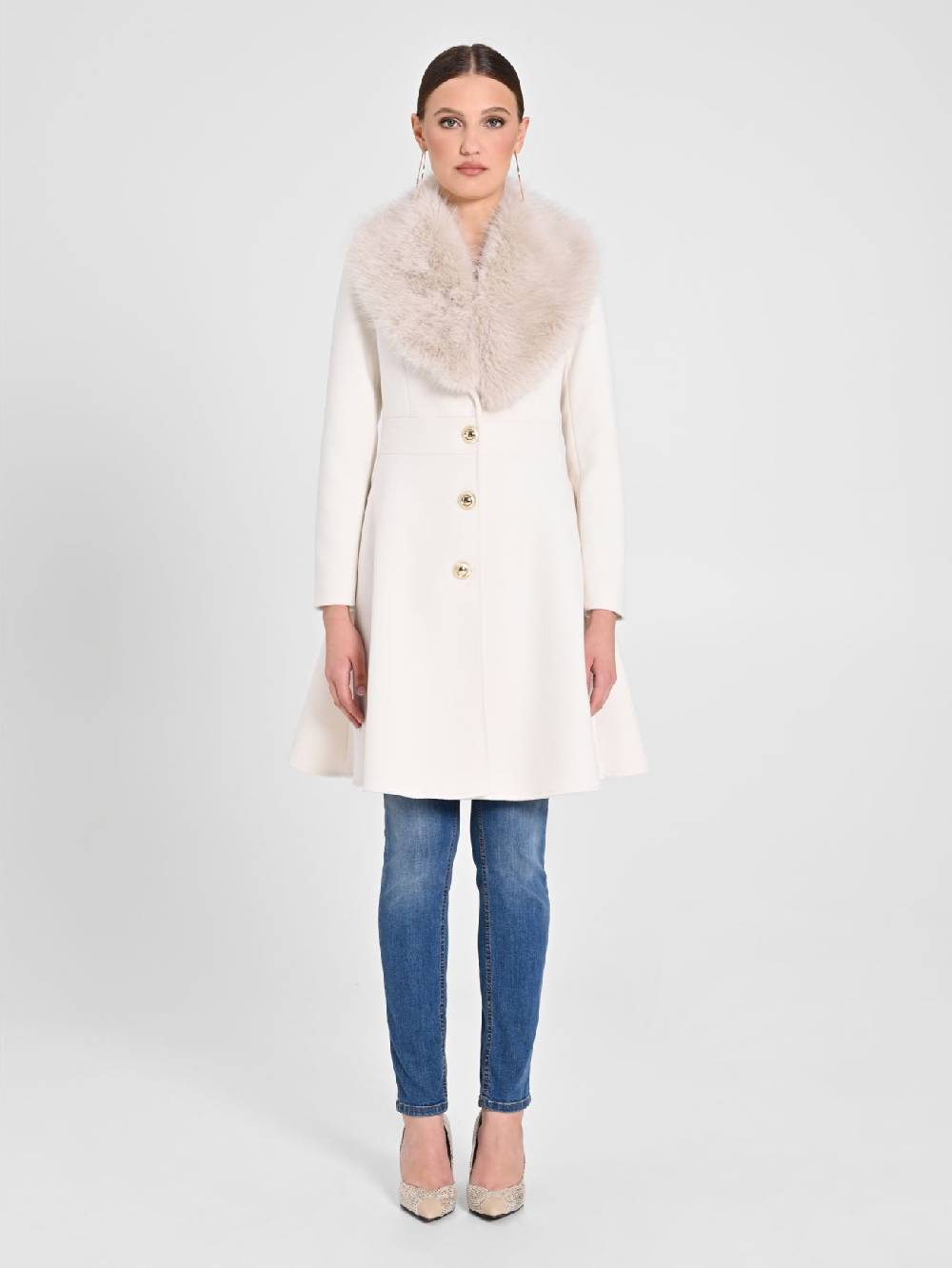 Rinascimento Cappotto Bianco con Collo effetto Pelliccia Offerta esclusiva