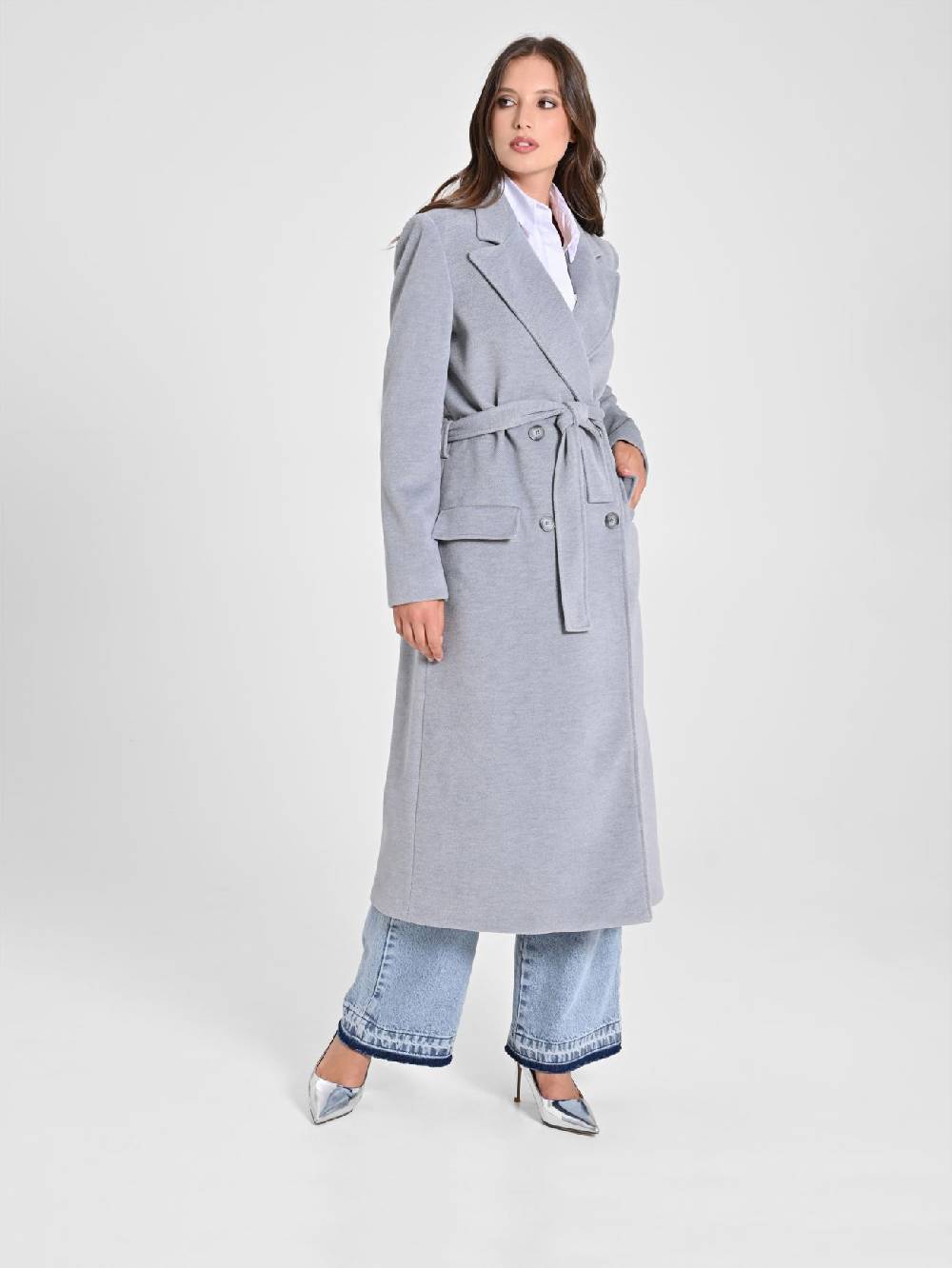 Rinascimento Maxi Cappotto Grigio con Cintura Grande vendita