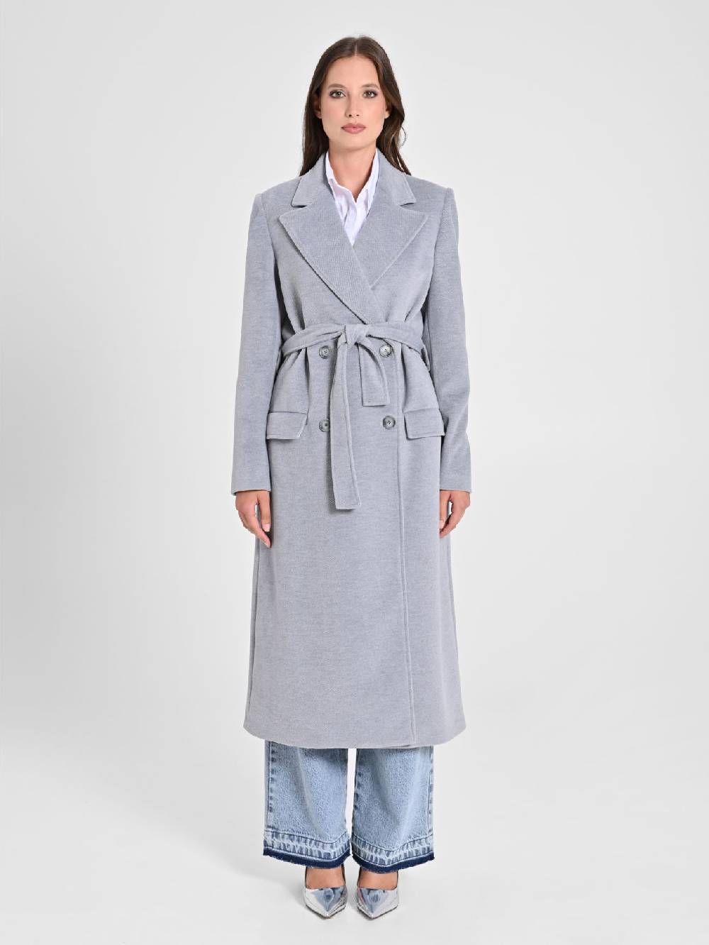 Rinascimento Maxi Cappotto Grigio con Cintura Grande vendita