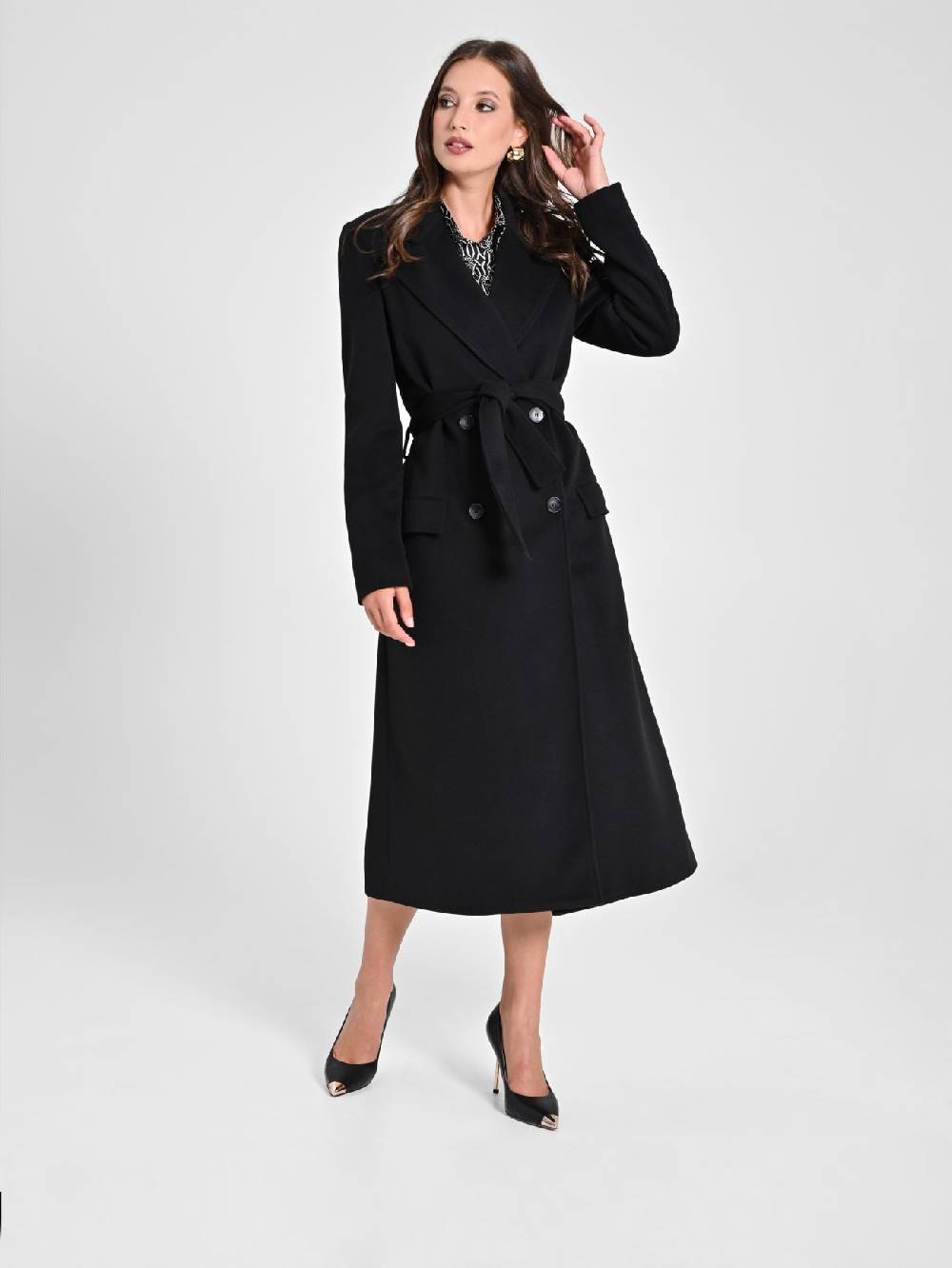 Rinascimento Maxi Cappotto Nero con Cintura Fornitura limitata