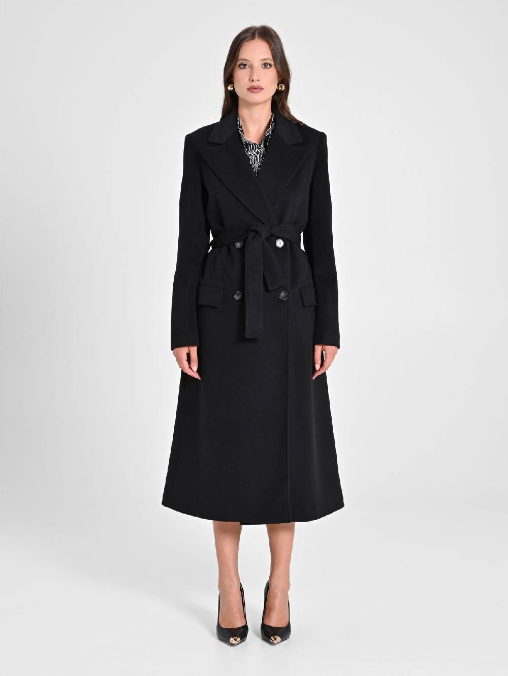 Rinascimento Maxi Cappotto Nero con Cintura Fornitura limitata